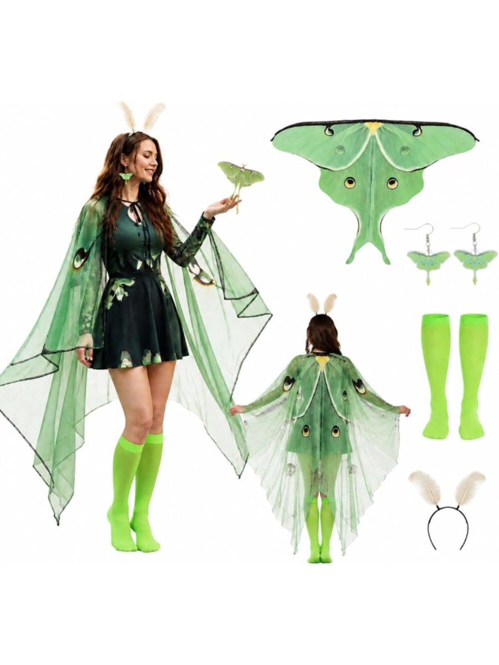 Luna Moth Wings Set with Antenna Headband, Earrings & Green Socks - 4 Pcs